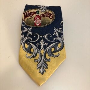 Vintage Tabasco Brand Silk Yellow and Navy Ornate Logo Tie